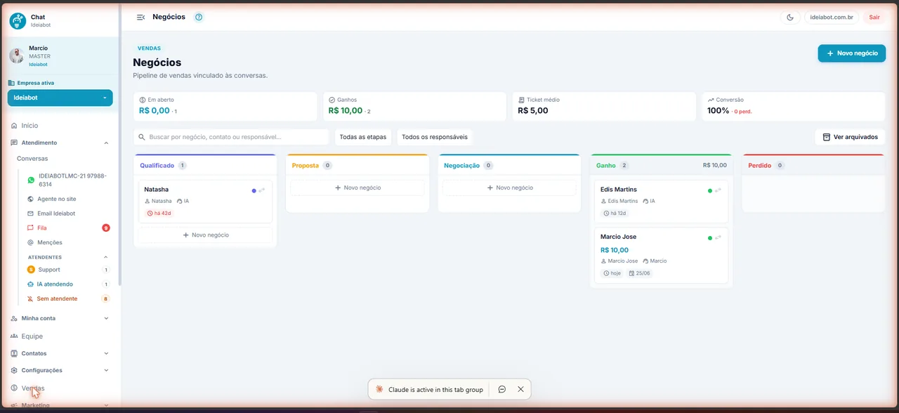 Negócios — funil Kanban